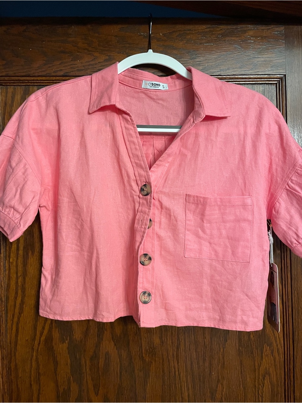 Coral-Pink Cropped Button-Up Top